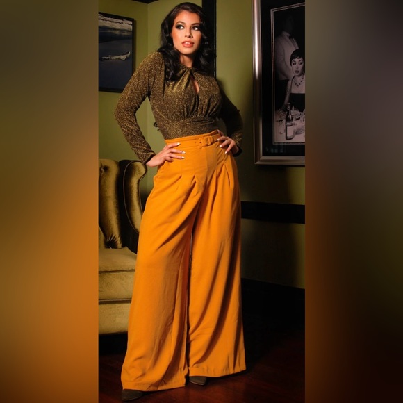 Pinup Couture Mustard Wide Leg High-Waist Trousers - Picture 2 of 9